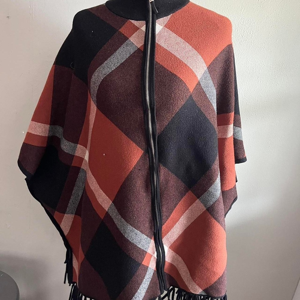 Plaid Black and Orange Poncho